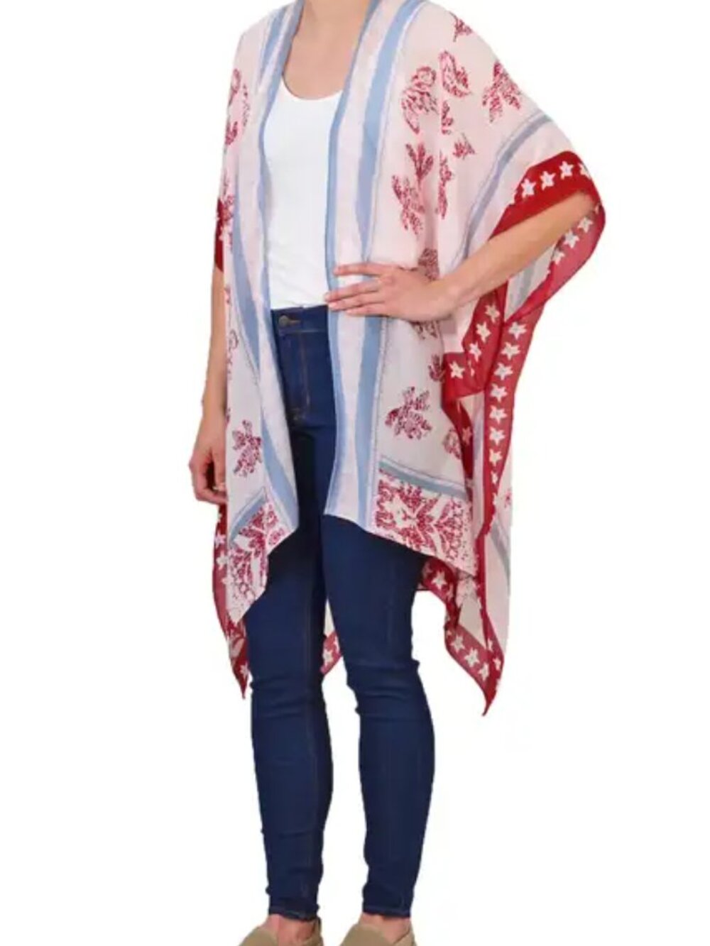 Save The Ocean Boho Red Blue Stripe Duster Kimono Wrap OS
